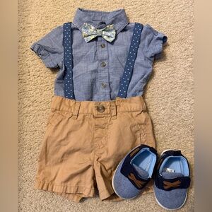 Chambray and Khaki Baby Easter Outfit with Bow Tie, Suspenders, and Shoes 12m